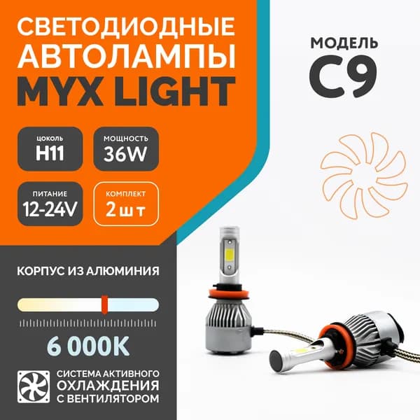 Светодиодные автомобильные лампы MYX Light C9, напряжение 12V, мощность 36W, LED чип COB с вентилятором, температура света 6000K, цоколь H11, 2 шт.