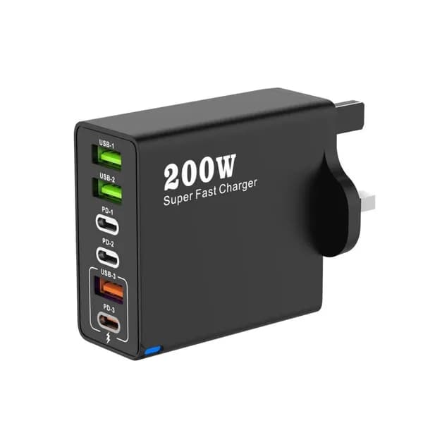 200W Зарядное устройство с 3 USB-PD портами, Черный - UK