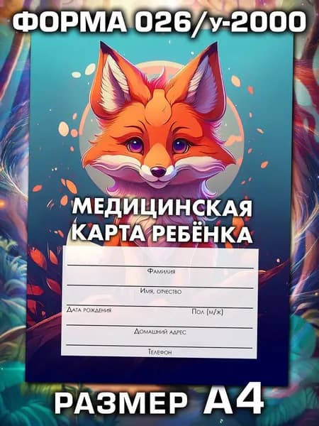 Медицинская карта 026/у-2000 Аурасо, медкарта в детский сад, школу и поликлинику, амбулаторная, большая, размер А4