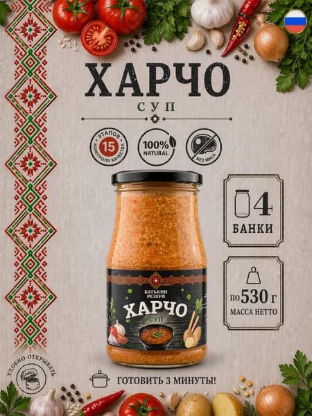 Суп Харчо, суп готовый Батькин резерв, 4 шт по 530 г
