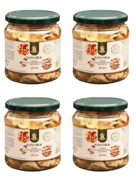 ЮНОНА Грибы маринованные "Ассорти из грибов" 460 г, 4 шт