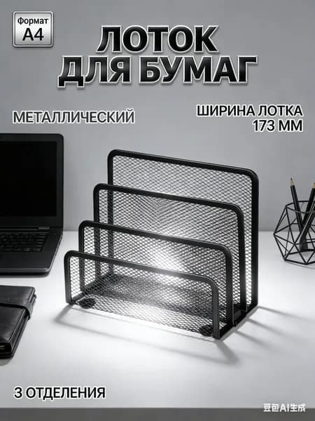 Вертикальный накопитель для документов А4 Attache, металлический сетчатый лоток на 3 отделения, черный