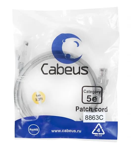 Cabeus Кабель для интернет-соединения RJ-45/RJ-45, 1 м, серый