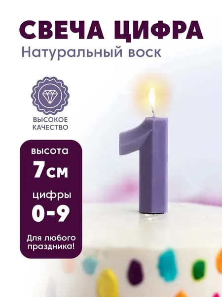 Свеча цифра 1 для торта на торт ребро фиолетовая