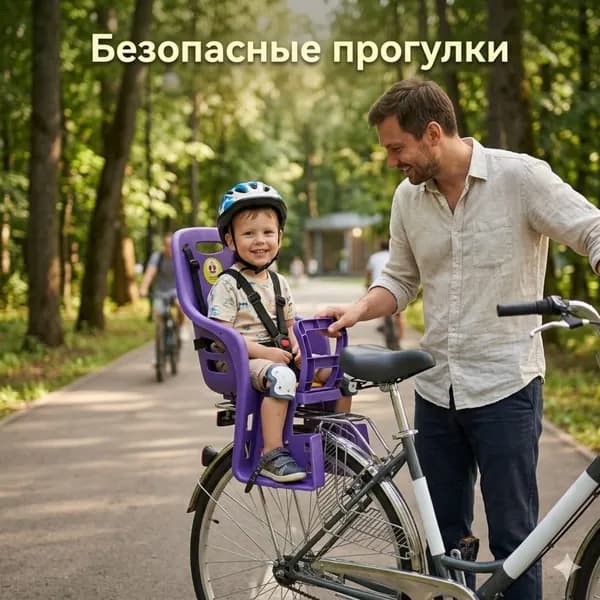 Детское велокресло на задний багажник с пятиточечным ремнем безопасности, поручнем и защитой ног.