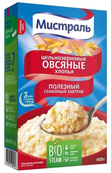 Мистраль Хлопья овсяные цельнозерновые Полезный завтрак, 400 г /