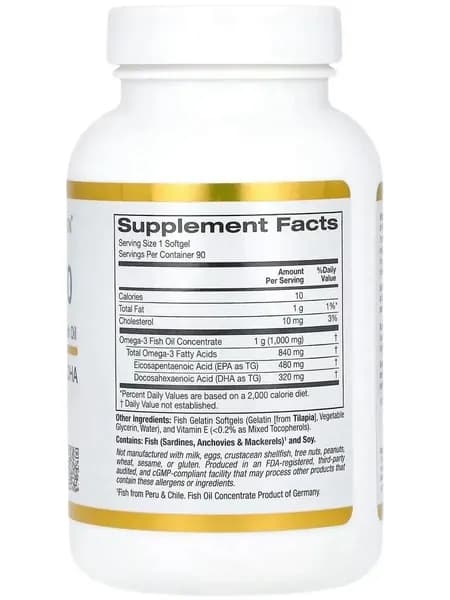 Omega 800 (рыбий жир Омега-3 фармацевтической степени чистоты), 80% ЭПК/ДГК, 1000 мг, 90 капсул, California Gold Nutrition (США)