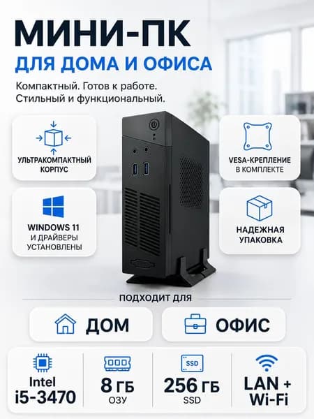 Мини-ПК ИНРОЕКА Office (Intel Core i5-3470, RAM 8 ГБ, SSD 256 ГБ, Intel HD Graphics, Windows 11 Pro), хаки