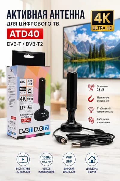 Антенна комнатная DVB-T2 ATD40 активная для цифрового ТВ, 4K, Full HD, VHF/UHF, усиление 28 dB, кабель 5 м