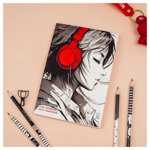 Скетчбук для рисования 50 листов А5 на склейке MESHU "Girl and music", 90г/м2, soft touch