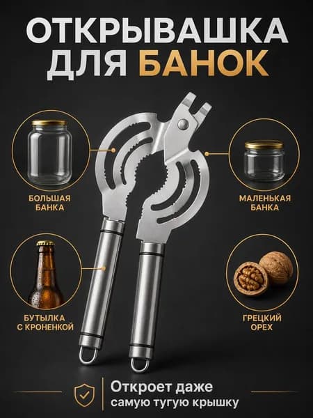 Открывашка для банок и крышек универсальная, нержавеющая сталь, рычажная