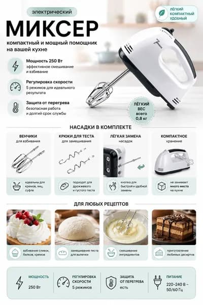 Ручной миксер бытовая техника, 250 Вт