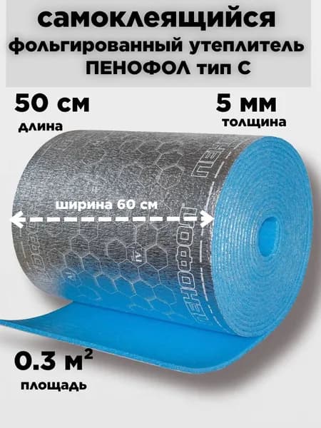 Самоклеящийся фольгированный утеплитель Пенофол 5 мм, длина 50 см, синий