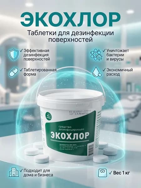 Дезинфицирующее средство Экохлор, 300 таблеток по 3,4 гр, 1 кг