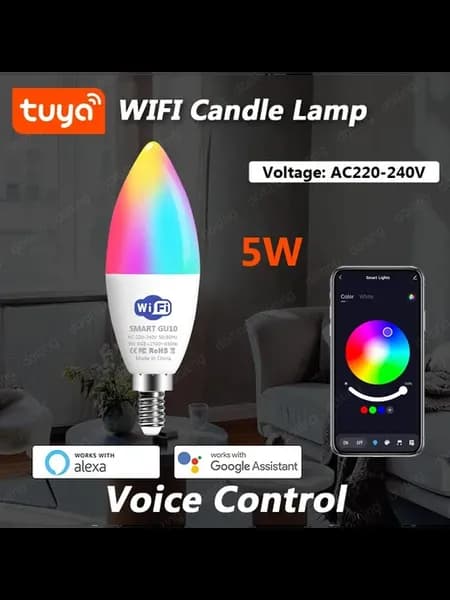 Светодиодная лампа WIFI 5W E14, RGB, Wi-Fi, голосовое управл