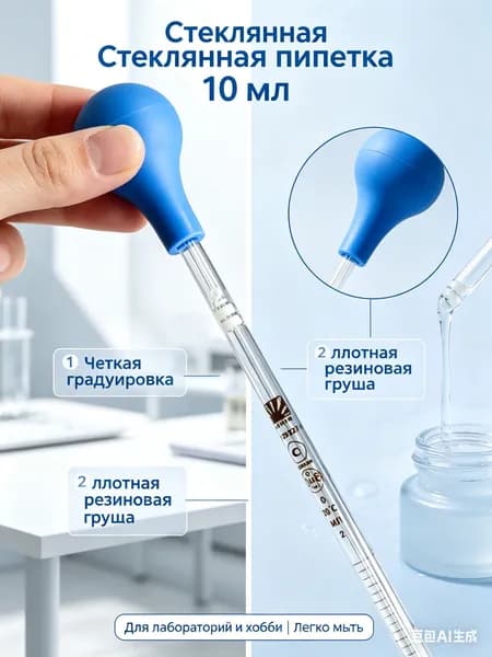 Лабораторная посуда,Пипетка стеклянная с грушей, 10 мл градуированная-мерная капельница, для дозирования жидкостей/эфирных масел/косметики