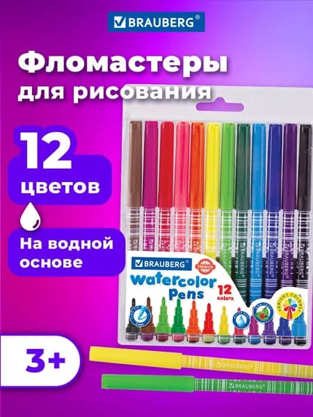 Фломастеры Brauberg Premium, 12 цветов, Корпус С Печатью, вентилируемый колпачок, Пвх-упаковка с европодвесом