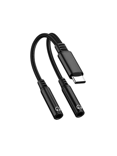 (1 шт.) Разветвитель USB Type-C (male) на два разъема AUX 3.5 мм (female) - черный - для двойного выхода музыки