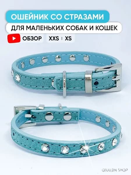 Бирюзовый ошейник со стразами для собак мелких пород и кошек, XXS / 17см - 22см