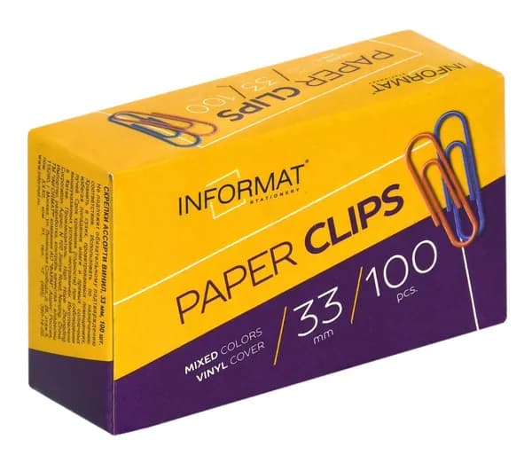 Скрепки канцелярские inФОРМАТ 33 мм 100 шт цветные (SC33-100K)