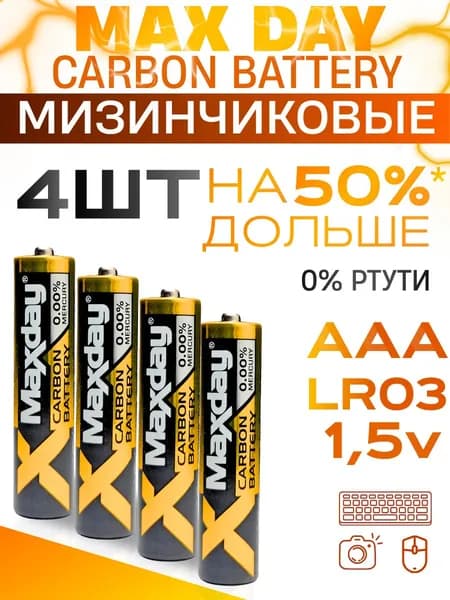 Батарейки мизинчиковые батарейки ААА карбоновые Maxday 1,5V, 4 шт
