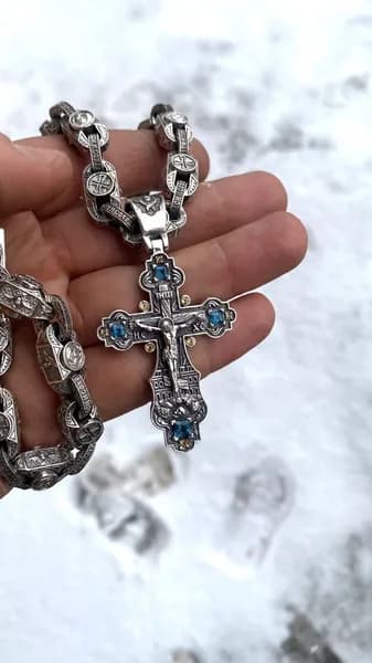 Комплект мужской серебряный, цепь святые 9мм и крест с фианитами 23гр, серебро 925 пробы