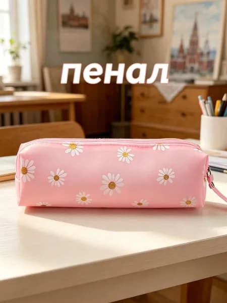 Пенал прозрачный, с ромашками, кавайный, конфетных цветов, для школы и канцелярии, 1 шт