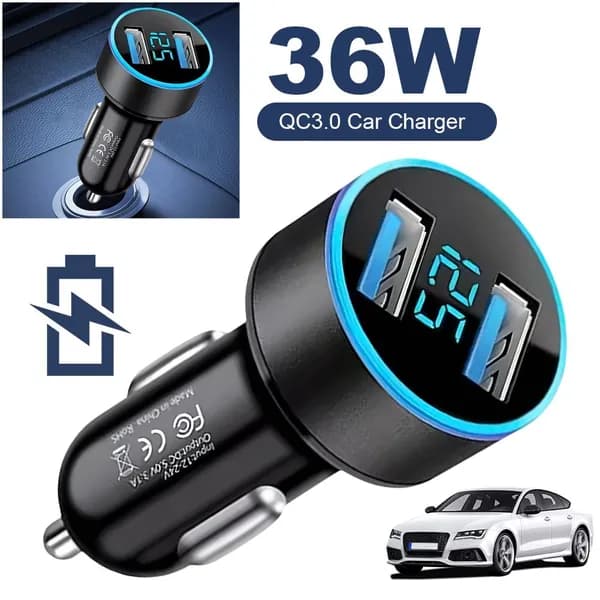 Автомобильное зарядное устройство PD и QC3.0 с двумя USB-портами, 36 Вт, цифровой дисплей