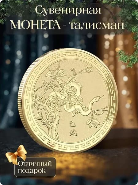 Сувенирная китайская монета со змеёй и иероглифами: денежный талисман.