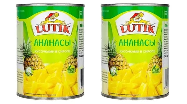 Лютик Ананас кусочками в сиропе, 580 мл, 2 штуки