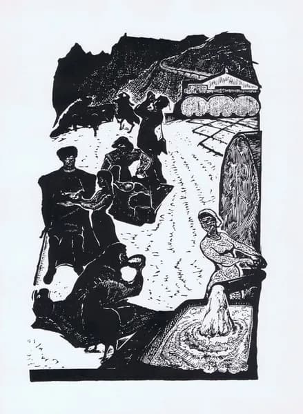 Кавказ. Молокопровод. Александр Гречкин. Линогравюра антикварная. СССР, 1968 г.