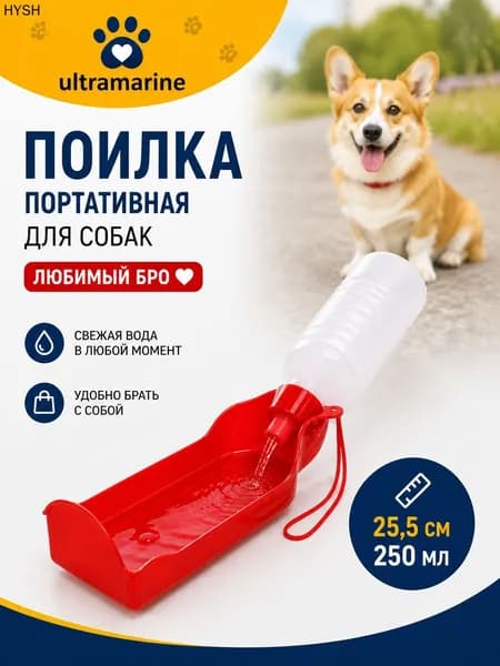 Поилка для собак портативная прогулочная "ЛЮБИМЫЙ БРО" 250 мл, бутылка для воды в дорогу, красный