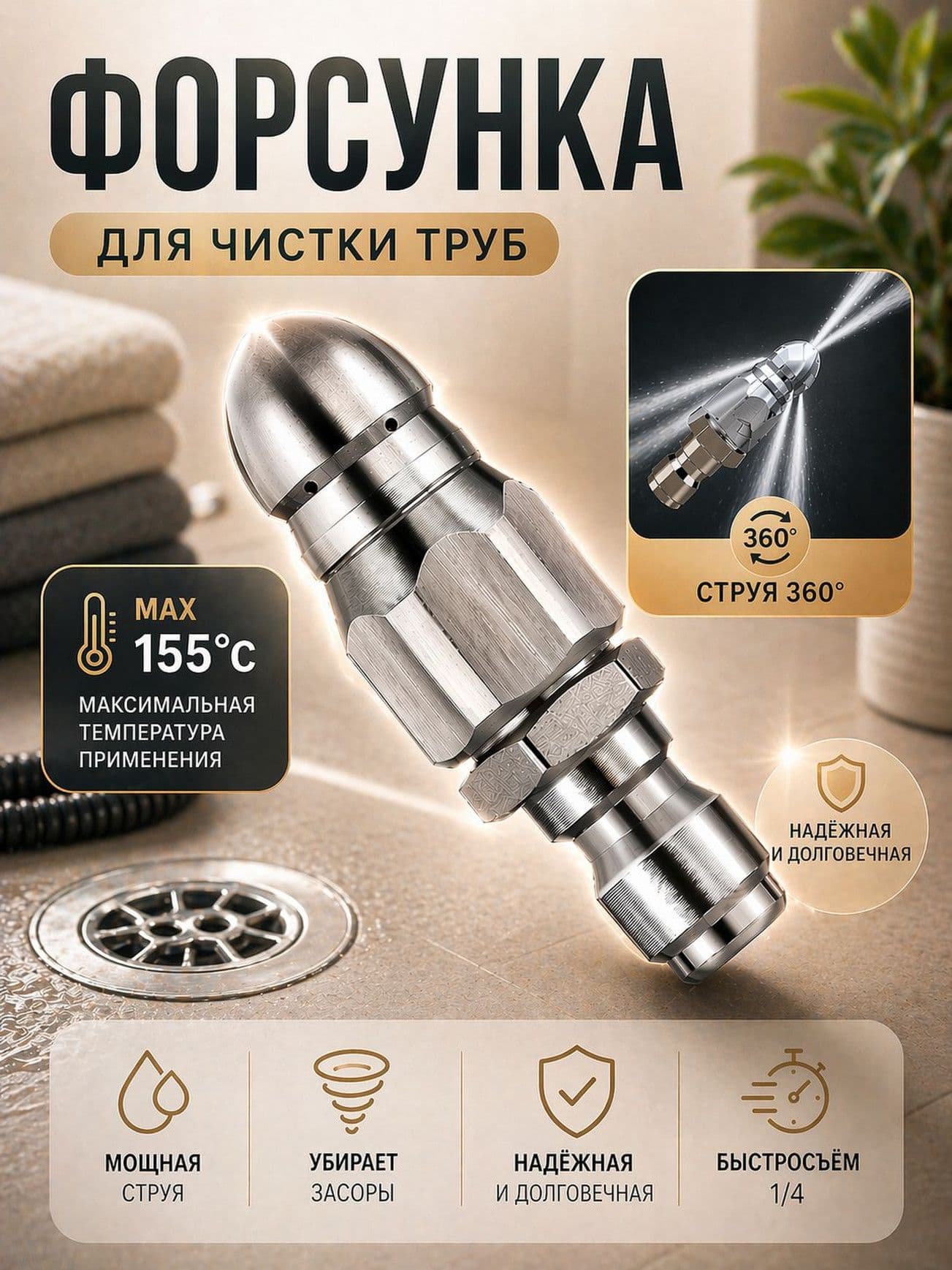 Форсунка каналопромывочная для прочистки канализационных труб, насадка на керхер высокого давления G1/4, 7 отверстий