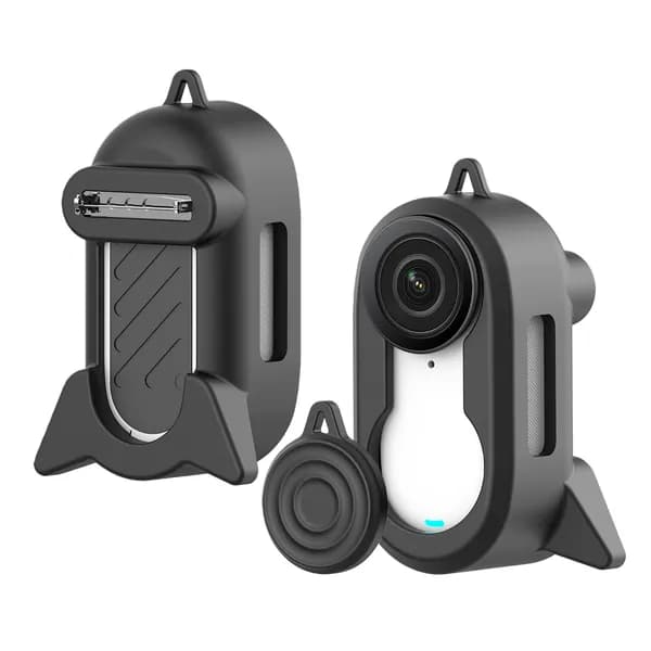 Чехол для Insta360 GO3S и GO3 из силикона чёрного цвета с креплением-булавкой и подставкой