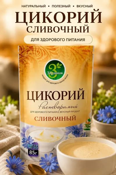 ЗДРАВНИК Цикорий растворимый со Сливочным вкусом, дополнен сливками на растительной основе, 85 г.