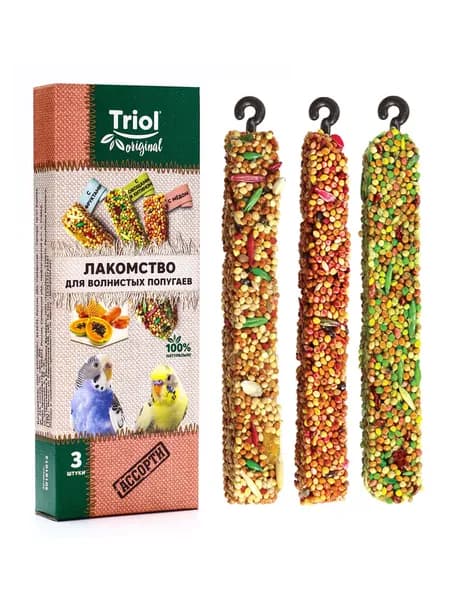 Лакомство "Triol" для волнистых попугаев, ассорти, 3шт, 80 г