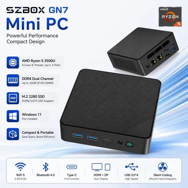 Мини-ПК (AMD Ryzen 5 3500U, RAM 32 ГБ, SSD 1024 ГБ, AMD Radeon, Windows), черный матовый
