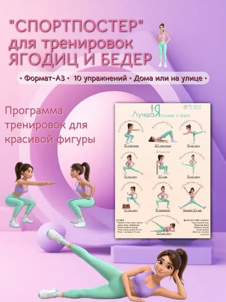 Программа тренировок для девушек постер А3 упражнения для красивой фигуры, фитнес плакат в интерьер