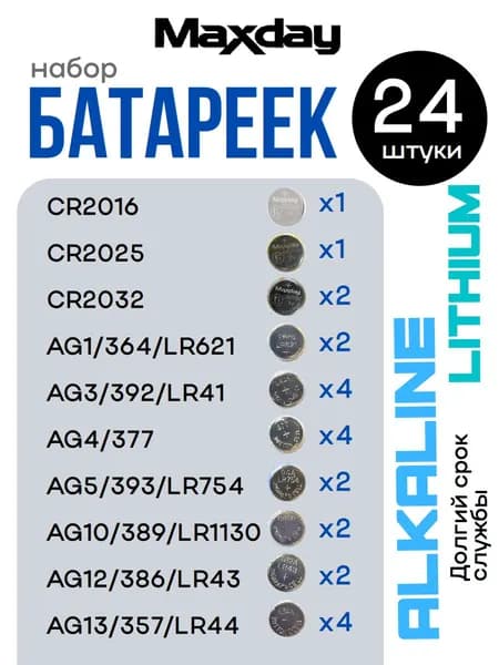 Набор батареек MAXDAY таблетки LR60 (LR621, AG1, G1), LR41 (LR736, AG3, G3), 24 шт