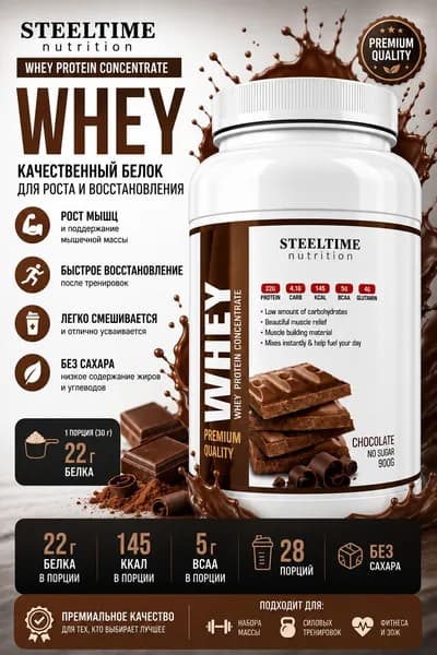 STEELTIME Nutrition Whey 900 г сывороточный протеин для роста мышц и восстановления, 22 г белка, BCAA, без сахара