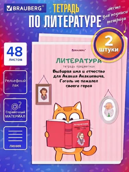 Тетрадь предметная "КОТ-ЭНТУЗИАСТ" 48 л., TWIN-лак, ЛИТЕРАТУРА, линия, подсказ 2 штуки