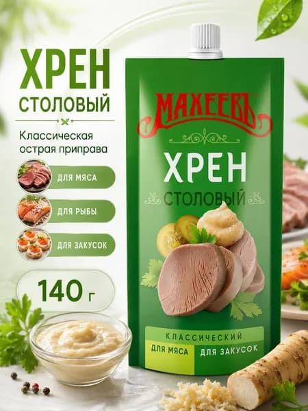 Хрен Махеевъ столовый 140 г, острый соус к мясу, холодцу, пельменям, шашлыку, рыбе и закускам