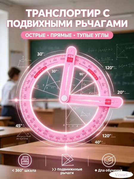 Пластиковые угломеры розовые с подвижной стрелкой для школьного обучения в наборе 3 шт