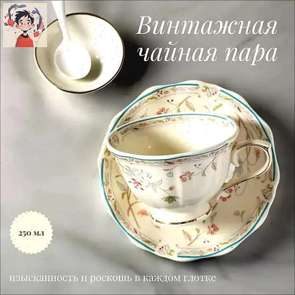 Винтажный чайный сервиз, декорированный золотистым растительным узором, 250мл