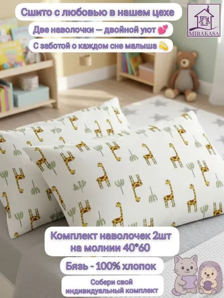 Наволочки детские 40*60 2 шт. на молнии, бязь "Жирафик" "