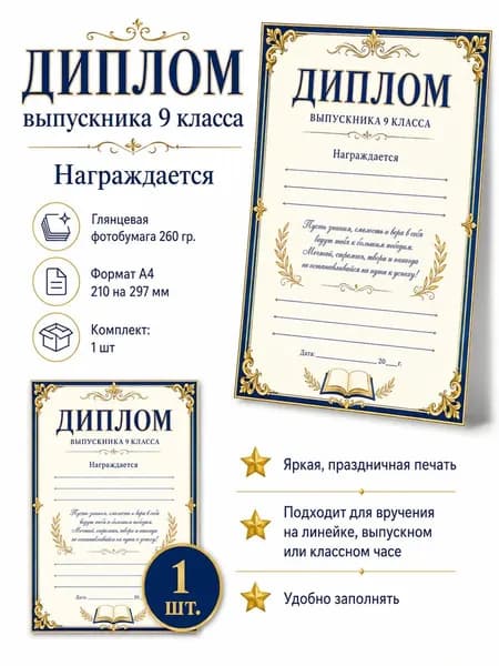 Диплом выпускника 9 класса А4, 1 шт.