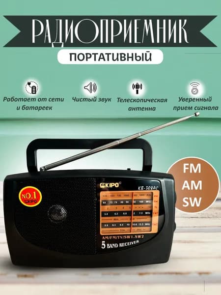 Радиоприемник портативный от сети и батареек переносной с телескопической антенной