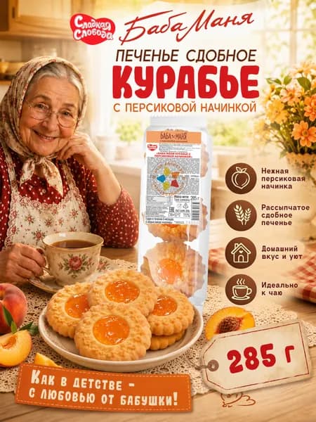 Печенье сдобное Баба Маня Курабье с персиковой начинкой 285 гр / Сладкая слобода