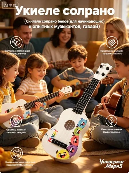 Укулеле сопрано белое (Детская Укулеле, Игрушечная Гитара для детей)