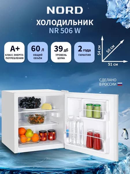 Мини-холодильник NORD NR 506 W однокамерный для дома, офиса и дачи, объем 60 л, высота 53,7 см, перенавешиваемая дверца, класс энергоэффективности А+, 39 дБ, белый